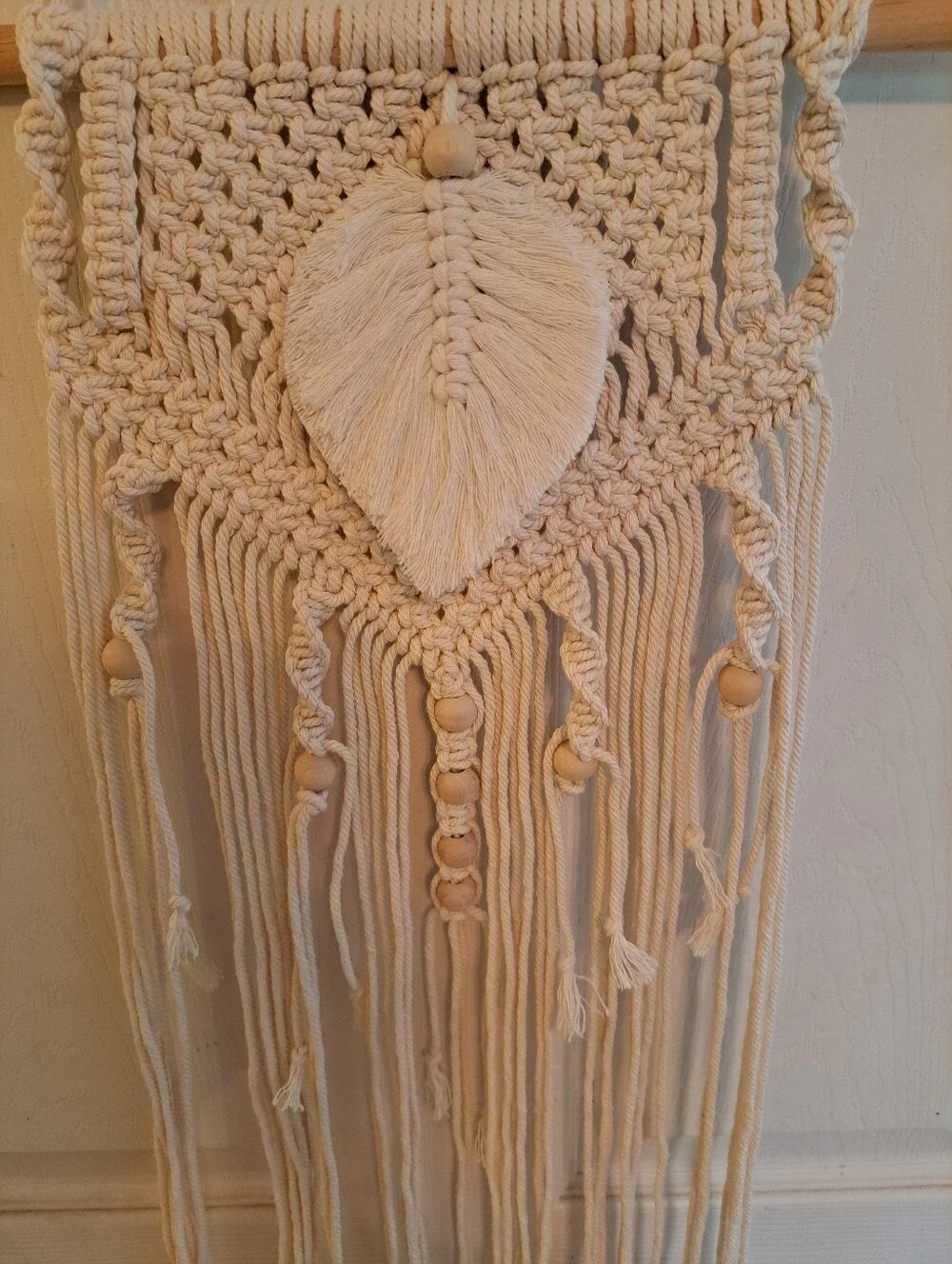 Brand New BOHO Macrame Wall Hanging Ivory With Wooden Beads And Leaf Accents